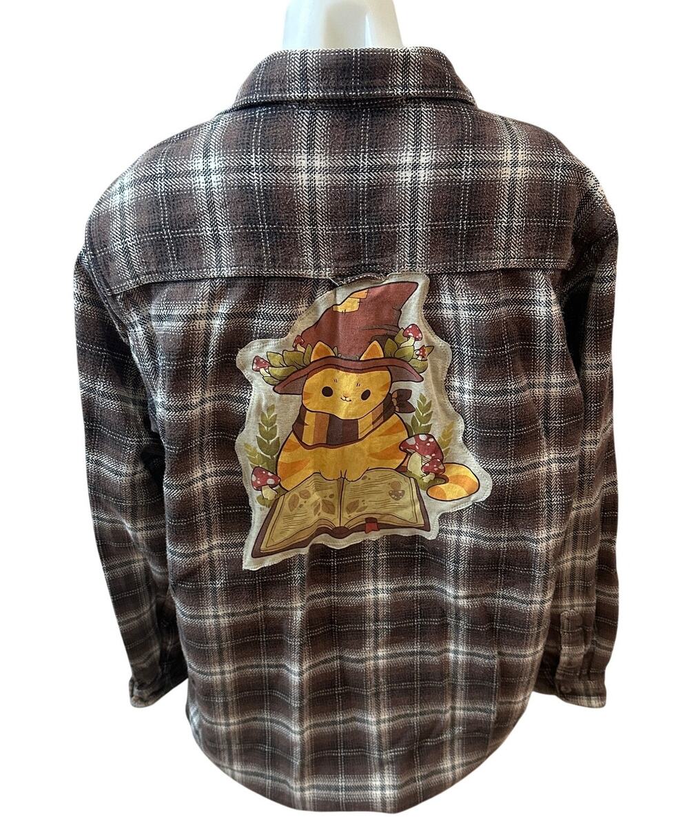Reading Cat Plaid Flannel Shirt Shacket LARGE Oversize Witch Books Reader Unique